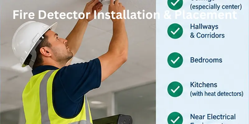 Technician installing a fire detector on a ceiling with recommended placement locations