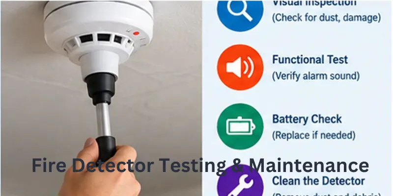 Technician testing and maintaining a fire detector with a maintenance checklist