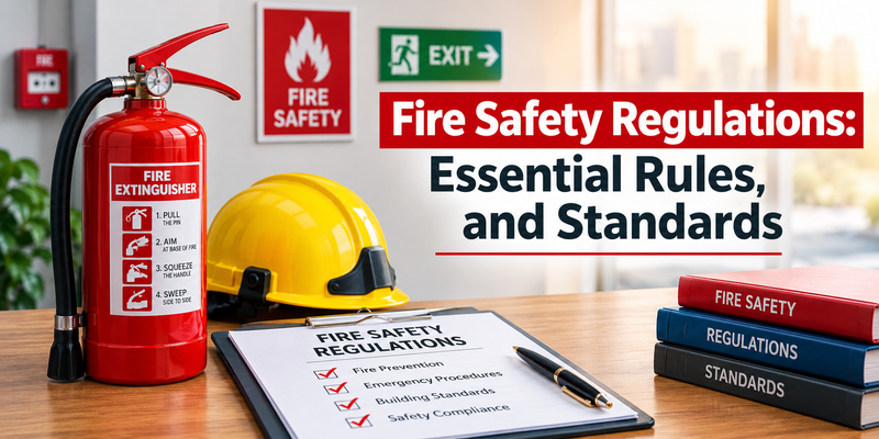 Fire safety rules and standards illustrated by fire extinguishers, alarm systems, emergency signage, and fire protection equipment.
