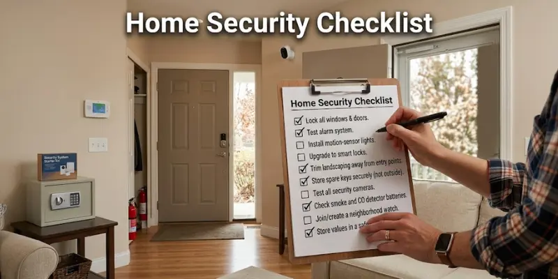Home security checklist for doors, windows, locks, lighting, and alarms