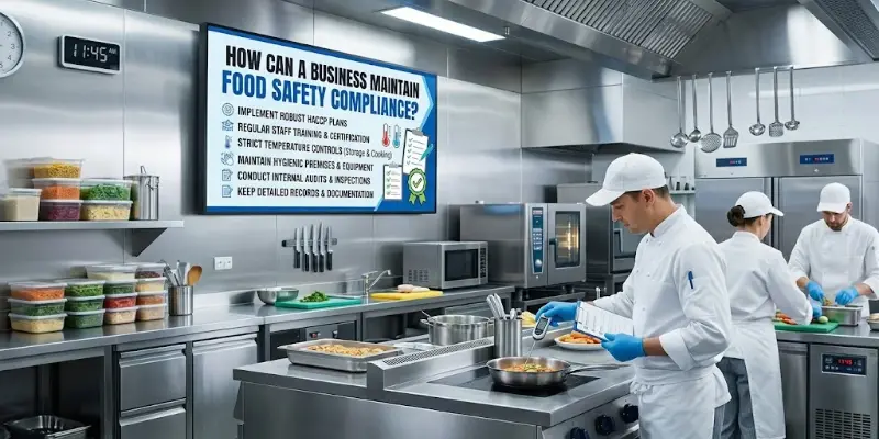 Food business employees following hygiene procedures, checking food temperatures, and maintaining food safety compliance.