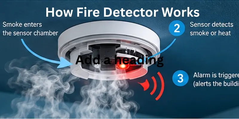 Diagram showing how a fire detector detects smoke and triggers an alarm