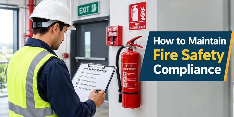 Fire safety professional inspecting fire extinguishers, emergency exit signs, and workplace fire protection equipment.