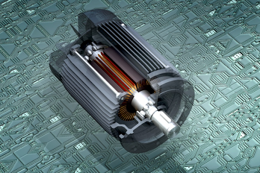 3D cross-section of an industrial electric motor highlighting internal bearings and electromagnetic components