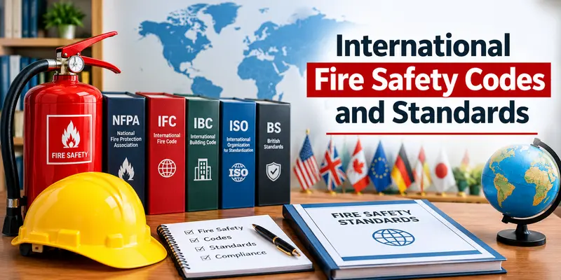 International fire safety codes and standards represented by fire alarm systems, sprinkler equipment, emergency exits, and fire protection devices.