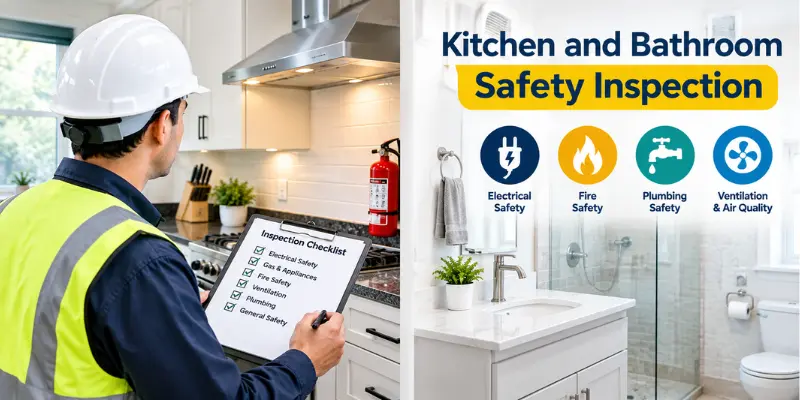 Kitchen and bathroom safety inspection for slips, chemicals, appliances, and other hazards