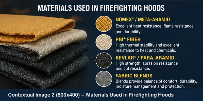 Firefighting hood materials including Nomex, PBI, Kevlar, and aramid fabric blends