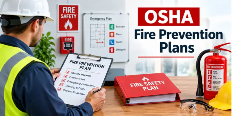 Workplace fire prevention plan featuring fire extinguishers, hazard identification, emergency procedures, and fire safety signage.