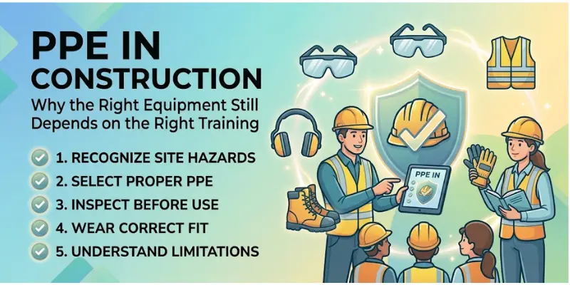 Illustration of construction workers training with PPE, including safety check icons.