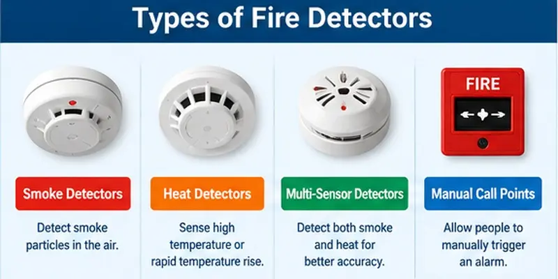 Different types of fire detectors including smoke, heat, multi-sensor and manual call point