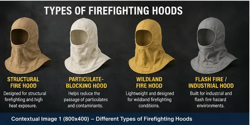 Different types of firefighting hoods including structural, particulate-blocking, wildland, and industrial fire hoods